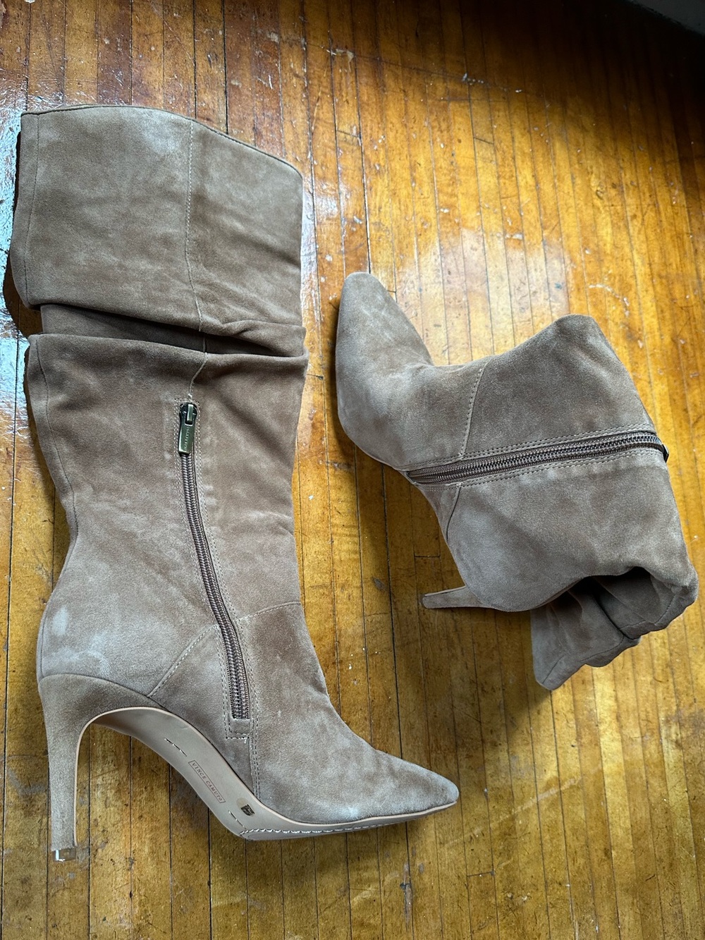 Vince Camuto Taupe Suede Mid-Calf Stiletto Boots